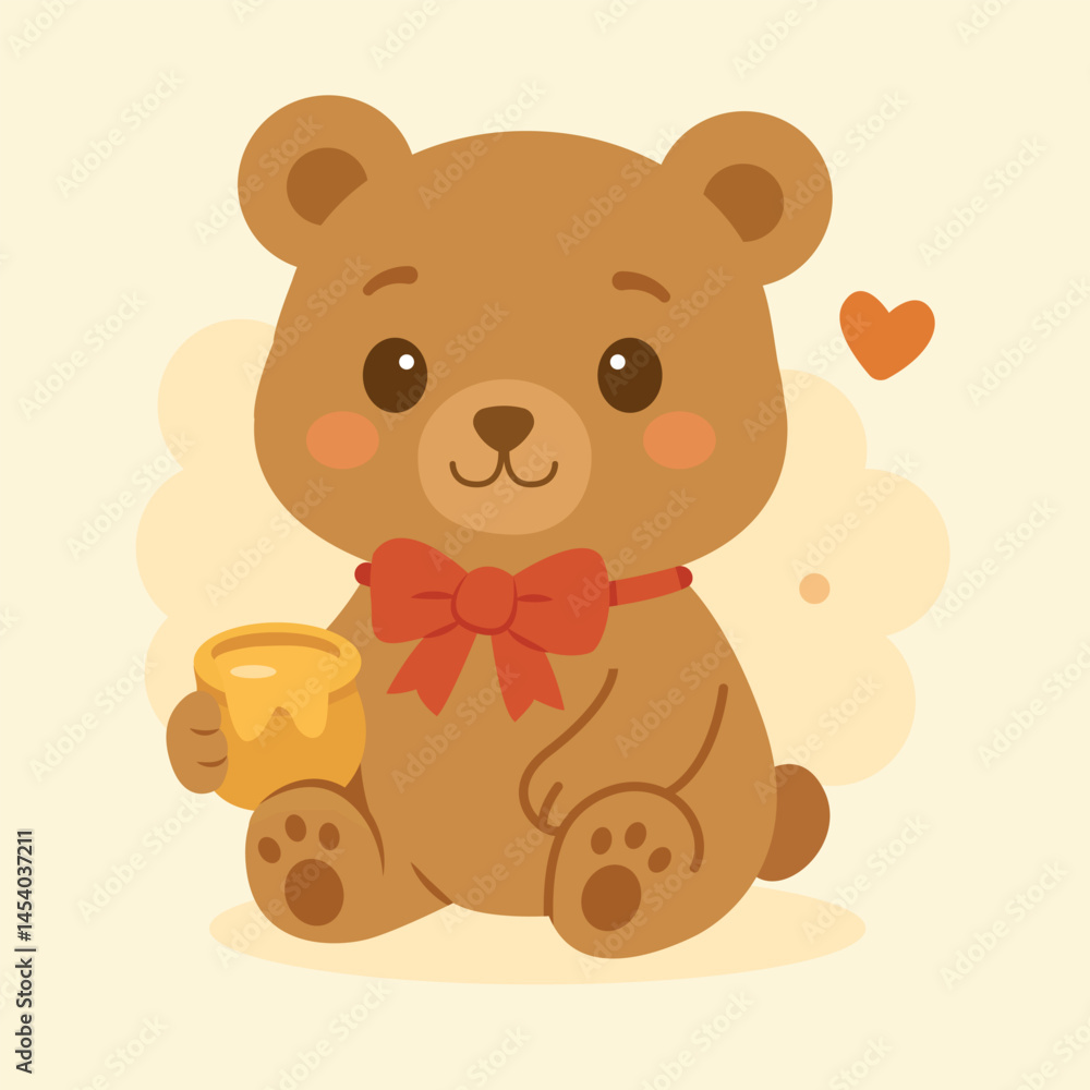 Obraz premium Cute Cartoon Bear with Red Bow and Honey Jar – Vector Illustration