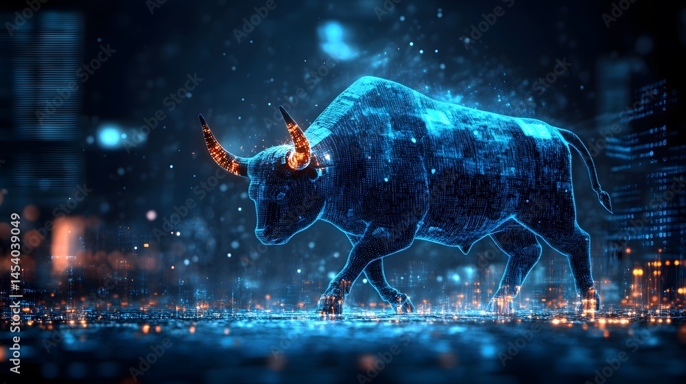 Obraz premium Futuristic digital ox bull animal hologram glowing with blue neon light on dark cityscape background with digital particles and virtual technology elements