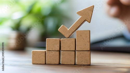Business growth concept with wooden blocks forming ascending steps and an arrow representing progress and success in a professional environment