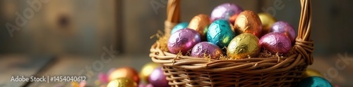 Wicker basket overflowing with colorful foil-wrapped chocolate eggs , treat, sweet treat