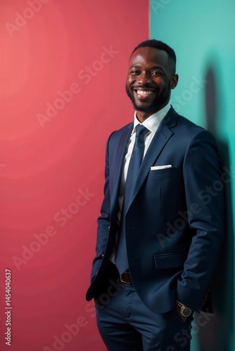 A Black businessman smiles, standing near a wall , success, optimistic, entrepreneur