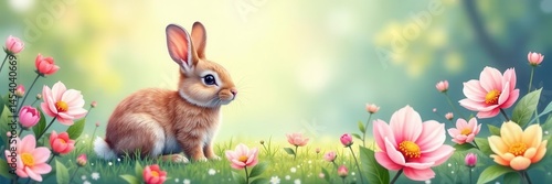 Adorable watercolor bunny nestled in spring blooms , design, element
