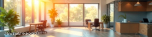 Blurred view of sunlit, minimalist office Abstract backdrop , bokeh, background, clean