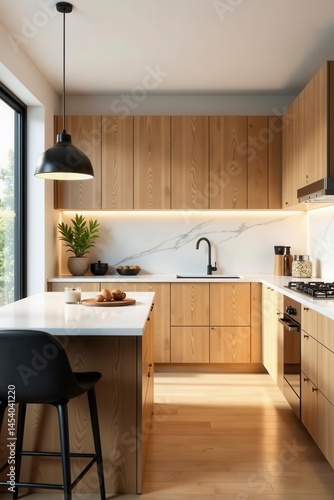 Bright open kitchen, natural wood, marble backsplash, minimalist modern, dinnerware, cozy
