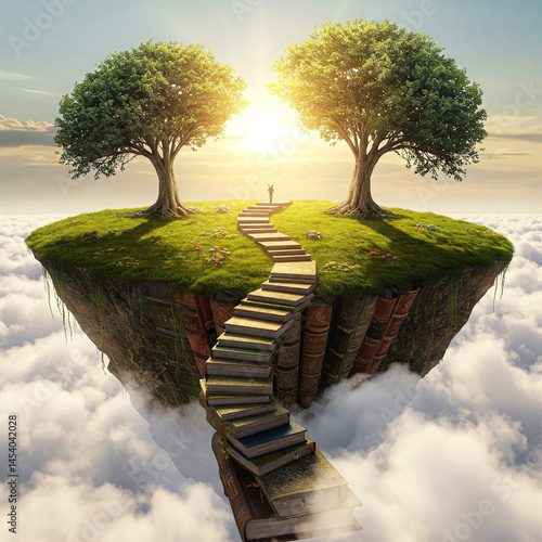 Surreal Floating Island with Trees at Sunrise and Staircase Made of Books Rising Above the Clouds – Conceptual Fantasy Landscape Representing Knowledge, Imagination, and Dreamlike Escape
