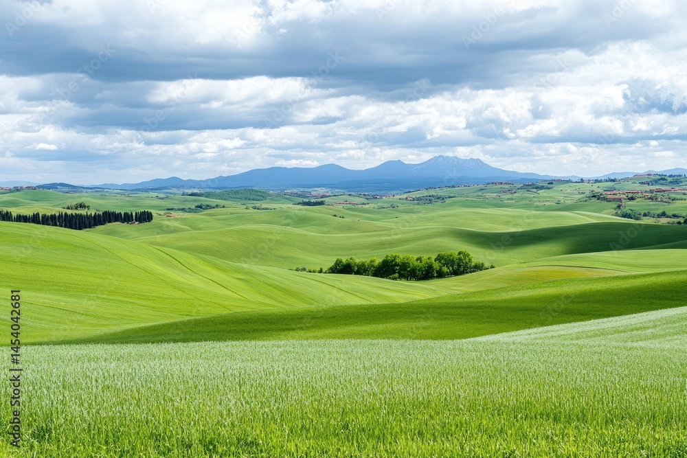 Fototapeta premium Rolling Hills, Green Fields, Cloudy Sky