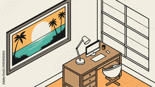 Stylish home office workspace featuring cozy with beach poster on wall, strategy and analysis concept, smart businessman from computer laptop