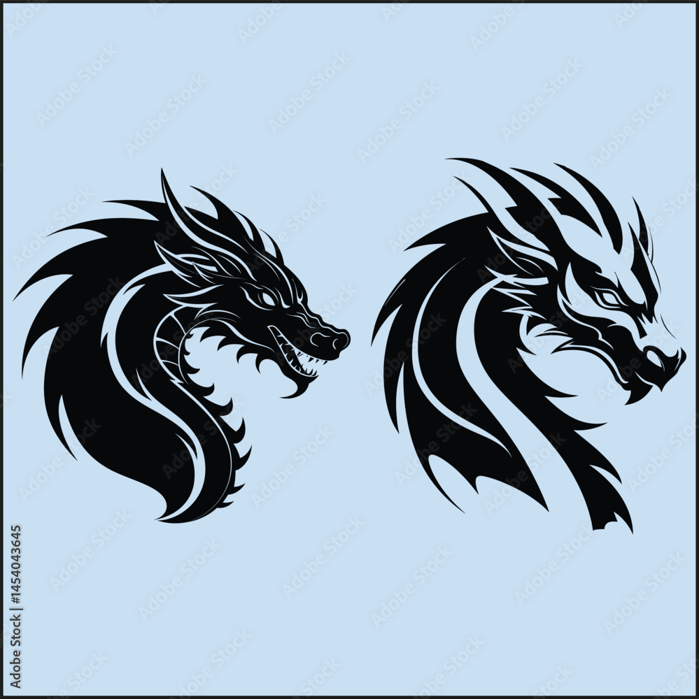Obraz premium Black Silhouette Set of a Dragon Clipart on White