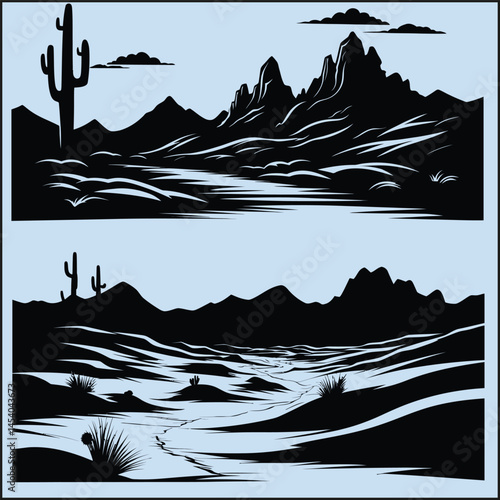 Black Silhouette Set of a Desert Clipart on White