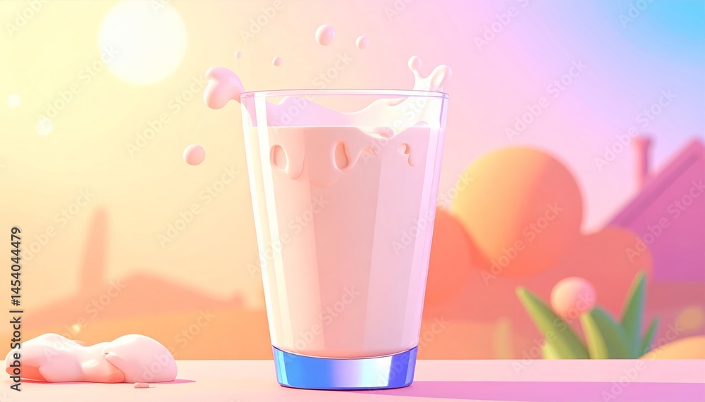 Glass of Milk Splashing with Pastel Sunset Background Glass of Milk Splashing with Pastel Sunset Background