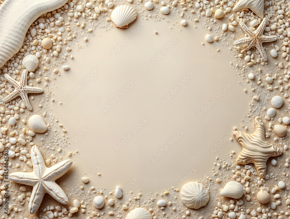 Oceanic Frame with Shells. Frame made of shells, starfish, and pebbles arranged on sandy background. Beach-themed decorative artwork for coastal decor