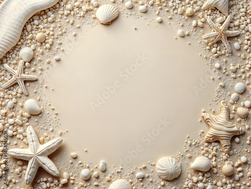 Obraz na płótnie Oceanic Frame with Shells. Frame made of shells, starfish, and pebbles arranged on sandy background. Beach-themed decorative artwork for coastal decor w salonie