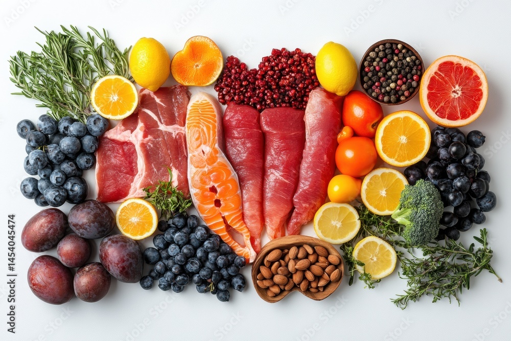 Colorful composition of healthy foods forming a heart shape: fruits, vegetables, meat, fish, and nuts on a white background, ideal for nutrition themes.