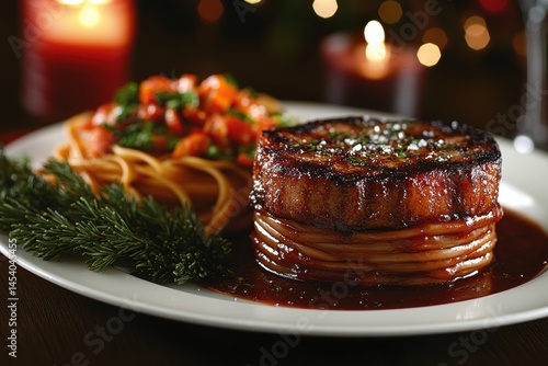 Obraz na płótnie A thick glazed steak served on a bed of spaghetti, accompanied by tomato-sauced pasta and fresh herbs, in a warm, elegant dining setting. w salonie