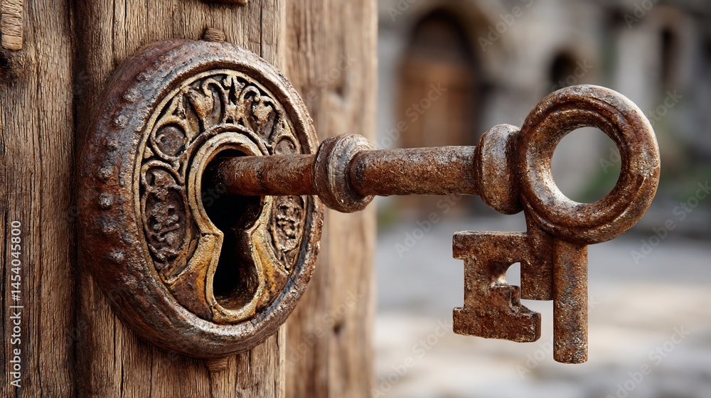 Antique Key in a Wooden Door Antique Key in a Wooden Door