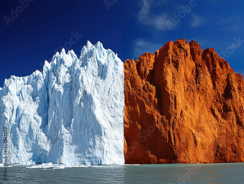 Digitally split mountain showing half blue glacier and half red desert cliff. Symbolic representation of extreme climate change and environmental contrast.