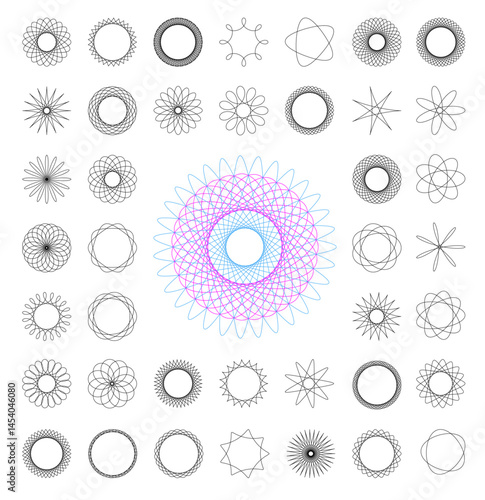Collection of intricate geometric line art patterns featuring diverse rosette, spirograph, and abstract styles. Clean vector graphics with fully editable strokes for customization.