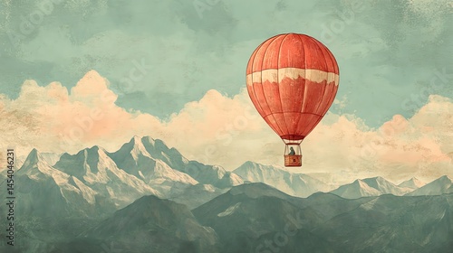 Digital illustration depicts a hot air balloon soaring over mountainous peaks under a cloudy sky.