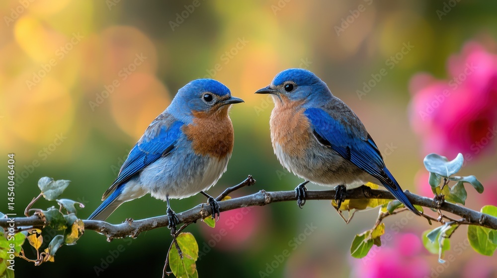 A pair of bluebirds sitting together on a branch A pair of bluebirds sitting together on a branch