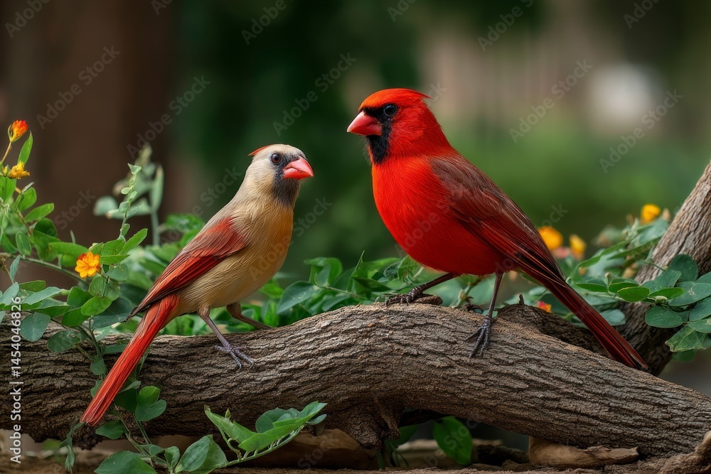 Fototapeta premium Two Cardinals Perched on Branch in Natural Habitat Together