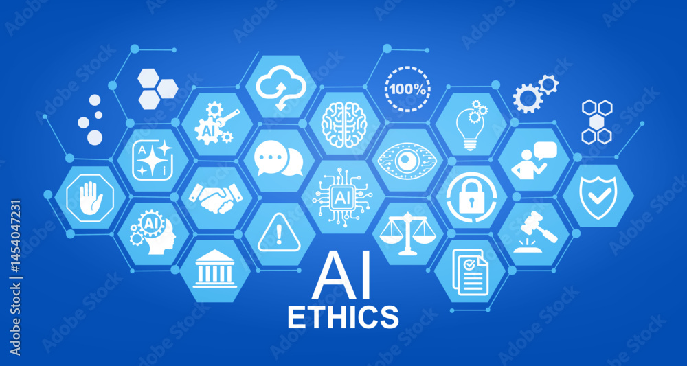 Naklejka premium AI Ethics, artificial Intelligence governance fair approach to the use and introduction of artificial intelligence, importance of responsible AI usage, ethical side