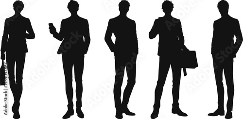 Vector silhouettes of young businessman in various poses, holding briefcases and smartphones, showcasing modern corporate attire and dynamic postures