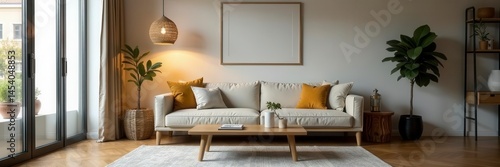 Cozy modern living room, wicker pendant lamp illuminates comfy sofa , design, calm, throws