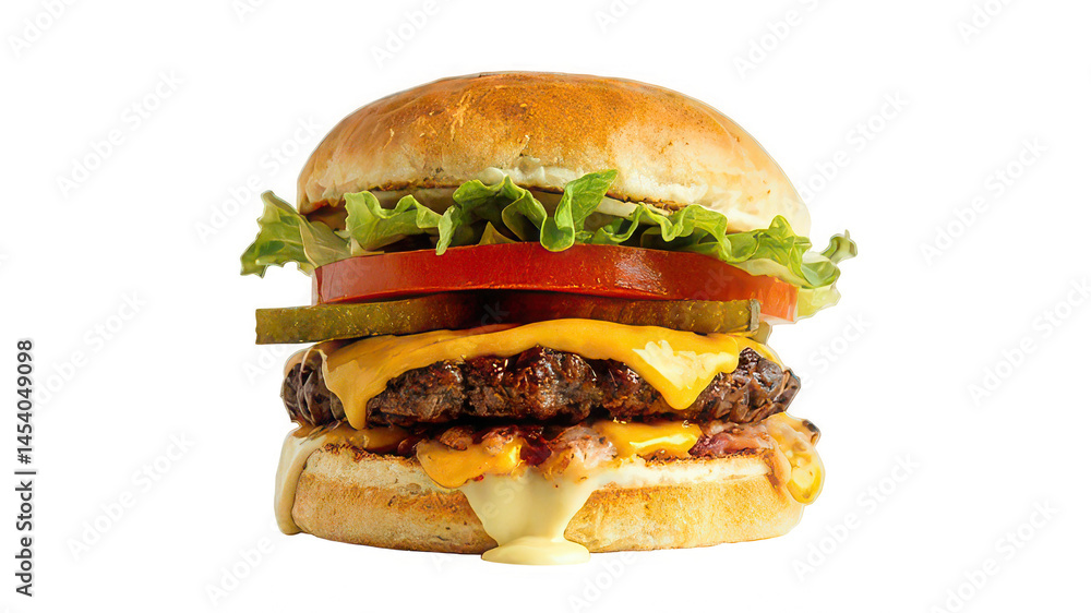 Fresh tasty hamburger with beef, cheese, sauce, tomatoes, pickled cucumber and lettuce in a crispy fresh bun. Tasty snack. Menu. PNG file. Fresh tasty hamburger with beef, cheese, sauce, tomatoes, pickled cucumber and lettuce in a crispy fresh bun. Tasty snack. Menu. PNG file.