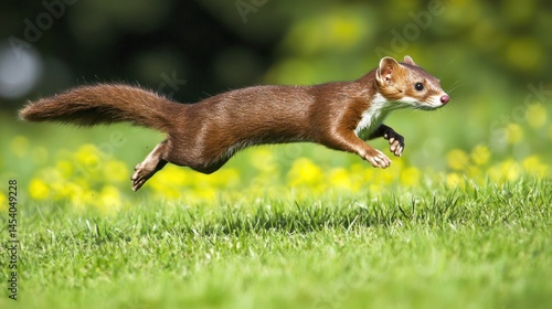 A sleek stoat running through green grass