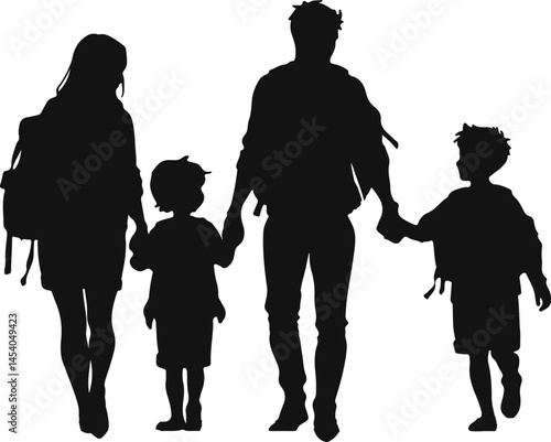 Vector silhouette of a family walking together, symbolizing unity and adventure. Perfect for travel, holiday, and bonding themes, highlighting togetherness and exploration
