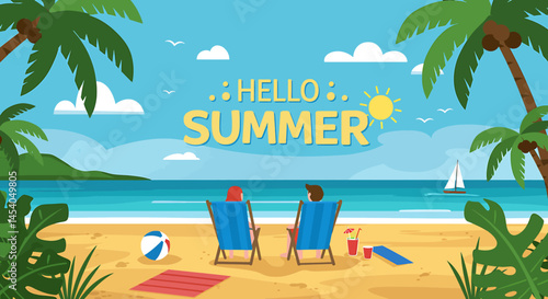 Flat style vector illustration of a couple relaxing on beach chairs under palm trees with a summer sea view—ideal for summer holiday themes, vacation ads, or tropical travel promotions