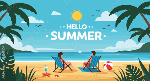 Flat style vector illustration of a couple relaxing on beach chairs under palm trees with a summer sea view—ideal for summer holiday themes, vacation ads, or tropical travel promotions
