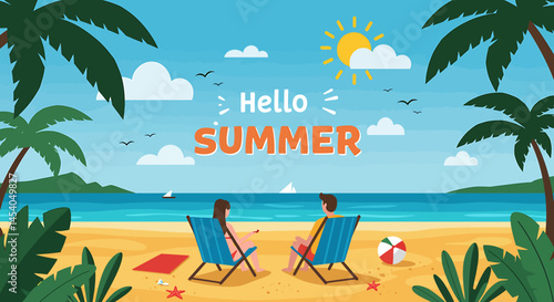 Flat style vector illustration of a couple relaxing on beach chairs under palm trees with a summer sea view—ideal for summer holiday themes, vacation ads, or tropical travel promotions