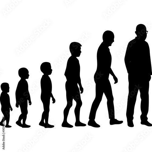 Vector illustration. Silhouette of growing up man from baby to old age. Many people of different ages in a row.
