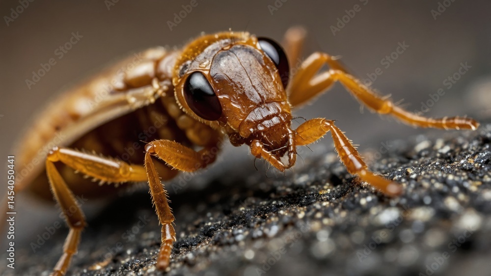 Fototapeta premium Closeup photograph of a golden brown insect with segmented legs and compound eyes, perched on a textured surface.