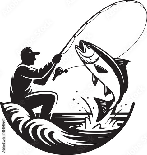 Fisherman Catching Jumping Fish Silhouette Logo