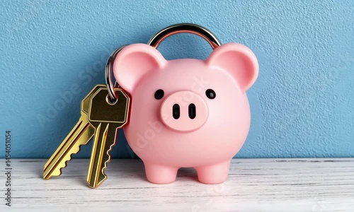 Cute piggy bank with keys symbolizing savings and security on wooden table