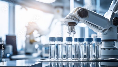 A robotic arm sorts laboratory vials in a high-tech, modern science lab with bright lighting.