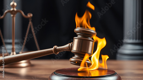 Metaphorical image judges gavel burning symbolizing harsh sentencing and judgment. Concept Legal System, Harsh Sentencing, Judge's Gavel, Burning Symbol, Metaphorical Image