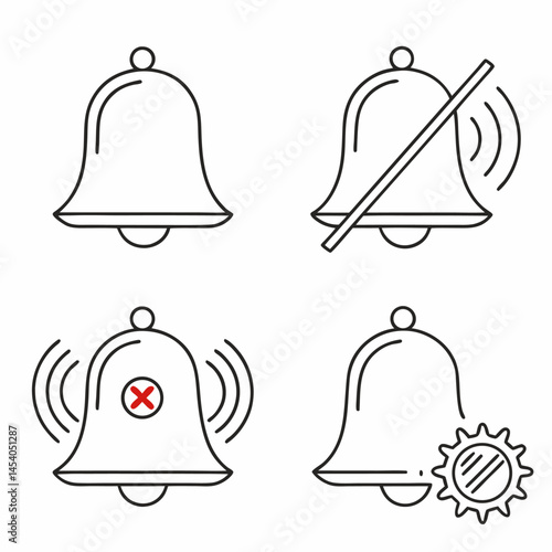 Notification Bell Icon Set – Outline Style Alert, Mute, and Settings Symbols