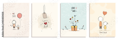 Set of Father's Day greeting Cards with flowers and hearts