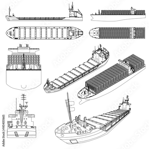 A series of drawings of different types of ships. The drawings are in black and white and show the different shapes and sizes of the ships. The mood of the images is serious