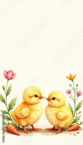 Delicate watercolor chicks, carrots, spring blooms on cream, flower, vibrant