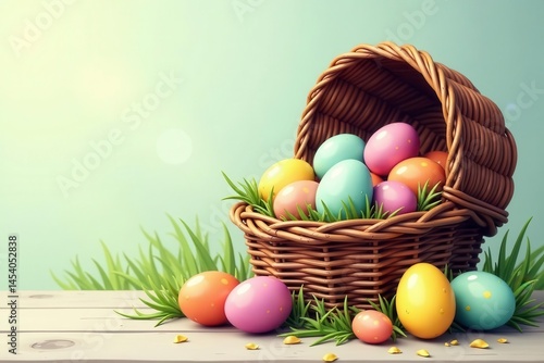 Hand-drawn cartoon eggs overflowing from wicker basket , pattern, basket