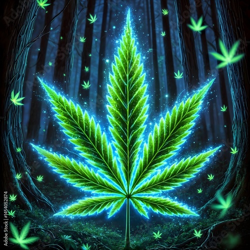 Neon green cannabis leaf with glowing stars