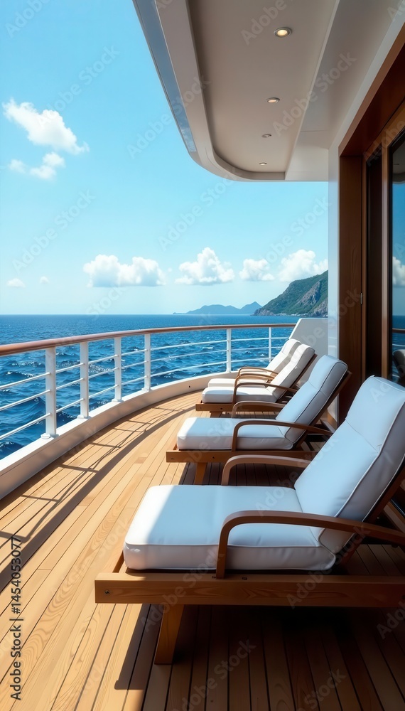 Fototapeta premium Luxury cruise vessel, deck chairs empty, vast ocean backdrop , ocean view, sail