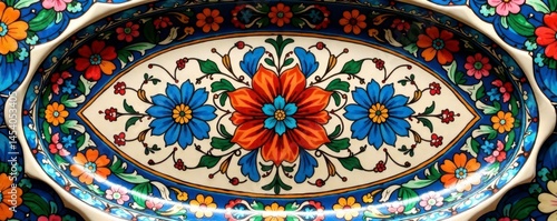 Ornate floral pattern on a large ceramic platter, traditional North African style , texture, ceramic platter