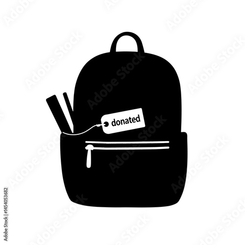 Silhouette of school bag with donated tag and books, charitable giving