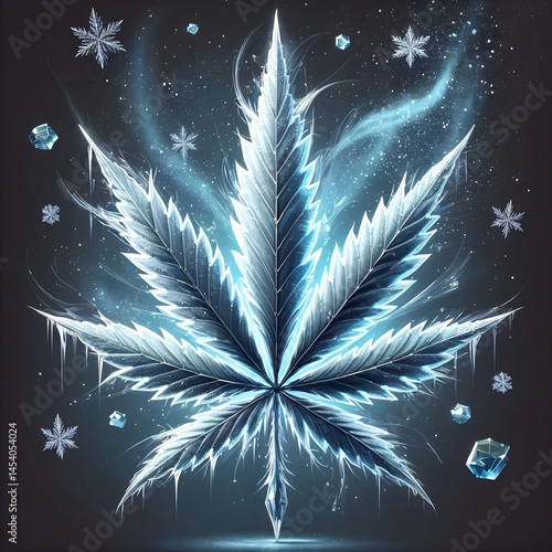 Icy cannabis leaf with snowflake and frosty design