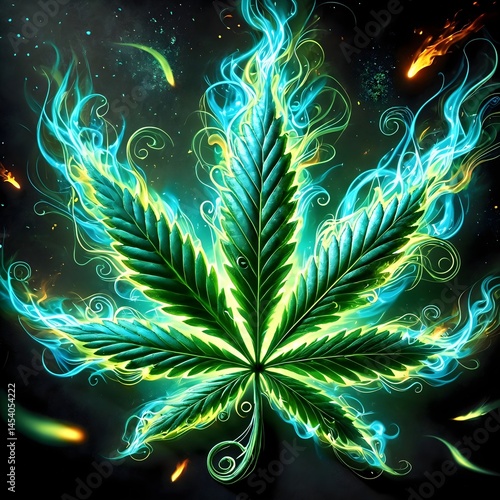 Cannabis leaf with electric blue fire effect